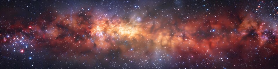Panoramic astrophotography of visible Milky Way galaxy. Stars, nebula and stardust at night sky