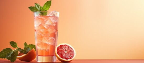 Poster - Beige background with a red refreshing drink featuring ice grapefruit and mint Copy space for text or design