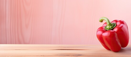 Poster - A copy space image featuring a vibrant red pepper placed on a soft pink wooden backdrop