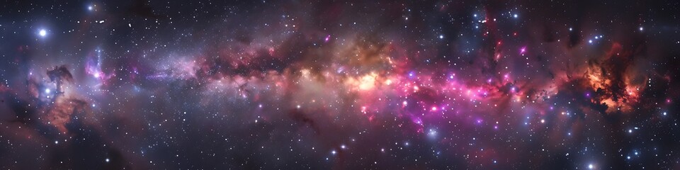 Panoramic astrophotography of visible Milky Way galaxy. Stars, nebula and stardust at night sky