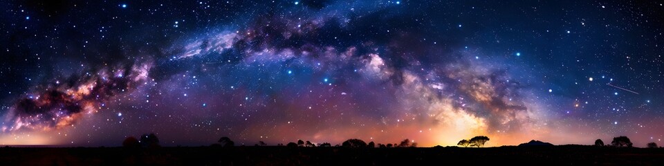 Panoramic astrophotography of visible Milky Way galaxy. Stars, nebula and stardust at night sky