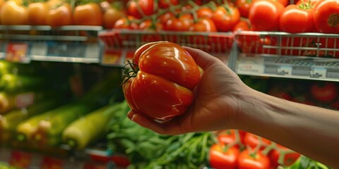 Canvas Print - Person holding a tomato in a grocery store. Suitable for food and shopping concepts