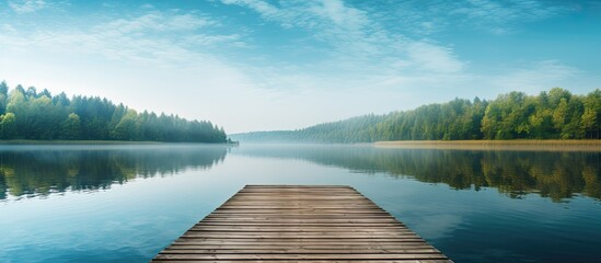 Poster - A serene lake with a wooden dock at the end surrounded by a peaceful walkway perfectly captured in this copy space image