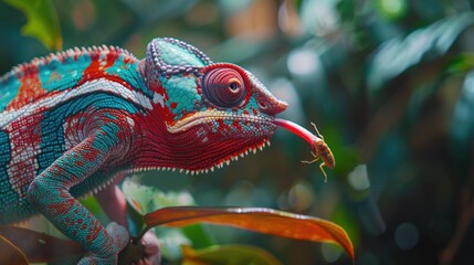 Poster - A vibrant chameleon perched on a tree branch. Perfect for nature and wildlife themes