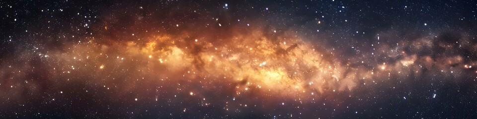 Panoramic astrophotography of visible Milky Way galaxy. Stars, nebula and stardust at night sky