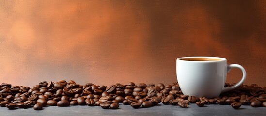 Wall Mural - A coffee mug placed on a coffee bean textured background with copy space image