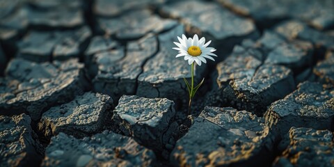 Poster - A single white flower sitting on top of cracked ground. Suitable for nature or environmental themes