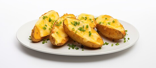 Aufkleber - A copy space image of Cheezy Wedges which are baked potatoes topped with cheese placed on a white table