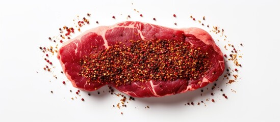 Aufkleber - Top view of a delicious raw beef steak covered in spices isolated on a white background Perfect for adding text or captions. Creative banner. Copyspace image