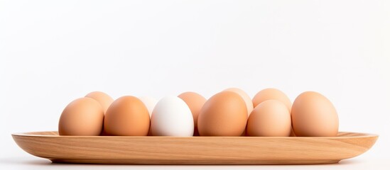 Aufkleber - A wooden plate on a white background holds fresh eggs and their empty shells creating a visually pleasing copy space image