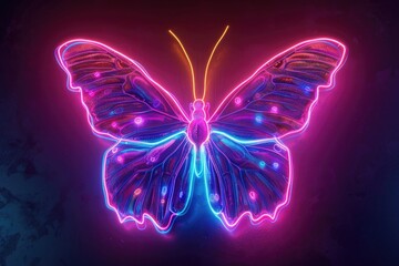 Poster - Colorful neon butterfly on a dark black background, ideal for graphic design projects