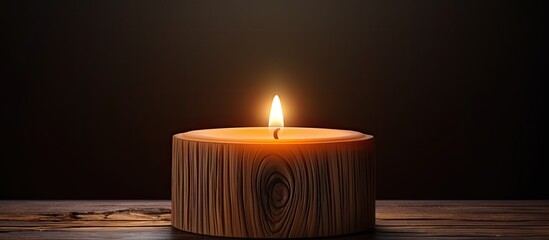 Aufkleber - A wooden top with a lit candle on it creating a warm and cozy ambiance A copy space image to be used in various settings