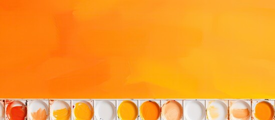 Aufkleber - Top view of watercolor paints on an orange background Copy space image for adding text