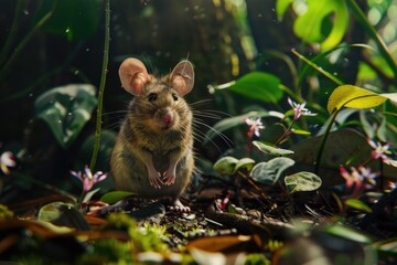 Poster - A mouse standing on its hind legs in a garden. Suitable for nature and wildlife concepts
