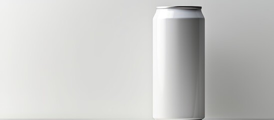 Poster - Closeup of a white can of energy drink on a light grey background with ample space for text
