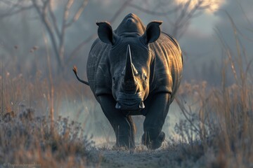 Poster - A powerful rhinoceros walking through a field of tall grass. Ideal for nature and wildlife themes