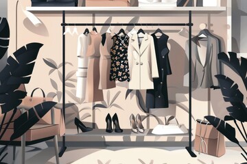 Poster - A clothing rack filled with various clothes and shoes. Perfect for fashion and retail concepts