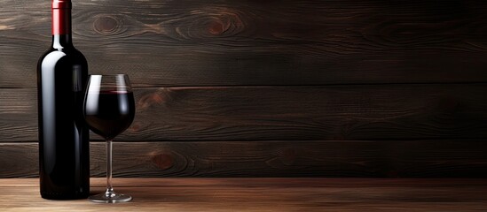 Poster - A red wine bottle featuring a black label is placed on a wooden table serving as a perfect copy space image