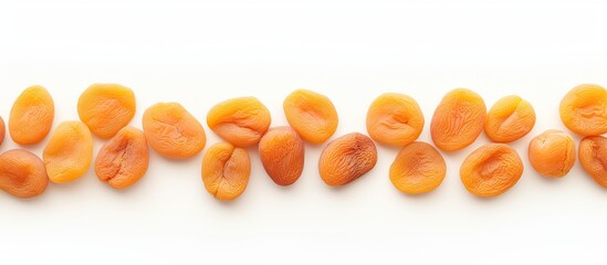 Aufkleber - A white background with a top view of dried apricots arranged in a neat line leaving a copy space for your text