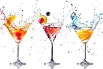 Poster - Vibrant image of three different colored drinks in cocktail glasses. Perfect for bar menus or party invitations