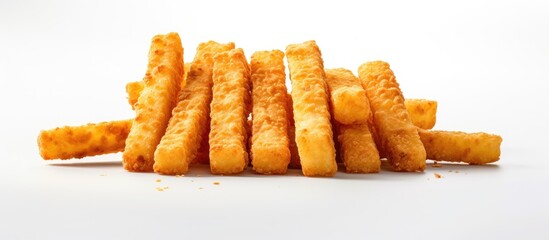 Poster - A close up view of crispy cheese stick bites on a white background with copy space for additional images or text