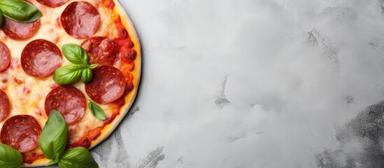 Poster - A top down view of a pepperoni pizza with a close up of fresh basil on a light concrete or stone table suitable as a copy space image