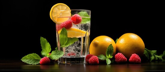 A refreshing glass of homemade lemonade garnished with fresh fruits displayed on a dark background providing ample copy space for text