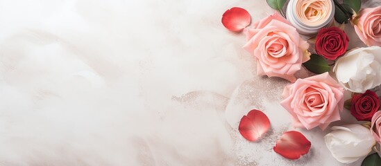 Sticker - Beautiful roses and cosmetic products arranged on a cement background The image includes copy space and is presented in a flat lay style