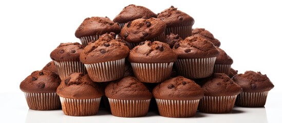 Poster - A pile of muffins arranged separately on a white background leaving empty space for other images to be added if needed. Creative banner. Copyspace image