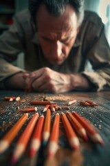 Poster - A man sitting at a table with a variety of colored pencils. Ideal for creative projects