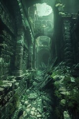 Poster - An ancient building with moss growing on the ground. Suitable for historical or abandoned themes
