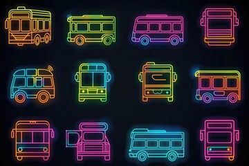 Poster - Neon bus icons set on a dark background. Suitable for transportation concepts