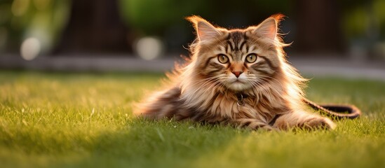 Poster - A cute young Siberian cat lies on a carpet with a small orange ball creating a perfect setting for a copy space image