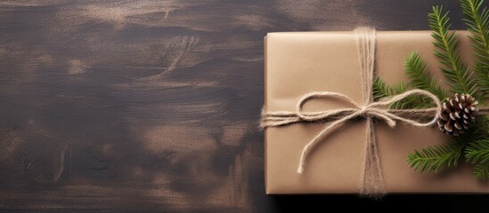 Leinwandbilder - Gift packaging with kraft paper jute cord and pine twigs arranged in a top view flat lay creating a visually pleasing copy space image