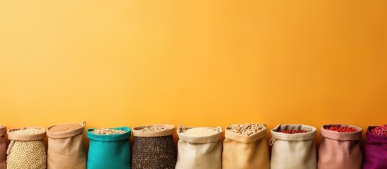 Aufkleber - Colorful background with bags containing oat groats and a notebook providing ample copy space for further designs or text in the image