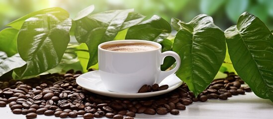 Leinwandbilder - Aromatic coffee cup with fresh green leaves and beans placed on a white background creating a copy space image