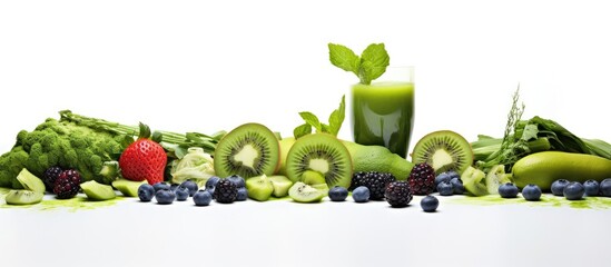 Poster - On a white background there is a copy space image featuring a green smoothie and its various ingredients