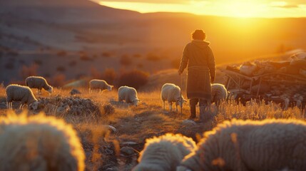 Aufkleber - A man standing among a herd of sheep. Ideal for agriculture or nature concepts
