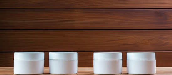 Poster - Clean white plastic containers are arranged on a brown wooden table creating a pristine setting with copy space for a cosmetic package