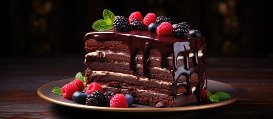 Poster - A delicious rich cake made with layers of sweet dark chocolate Perfect for indulging in a slice or two. Creative banner. Copyspace image