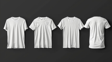 Four white t-shirts are displayed on a black background