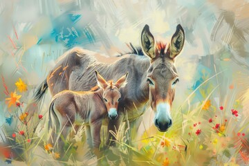 Poster - A peaceful scene of two donkeys in a vibrant flower field. Perfect for nature and animal lovers