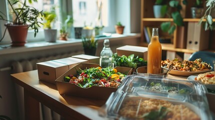 Wall Mural - AI generated illustration of assorted food items on wooden table in room with a window