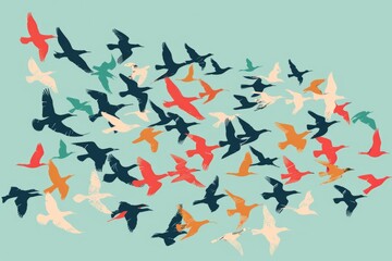 Poster - A flock of birds soaring through the sky. Suitable for nature and freedom concepts