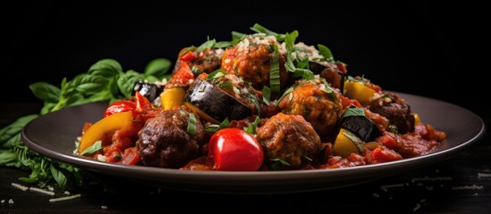 Poster - A healthy vegetarian ratatouille complemented by meatballs presented in a visually appealing copy space image