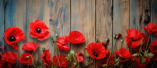 Aufkleber - A copy space image of poppy flowers boasting enchanting petals on a rustic wooden backdrop