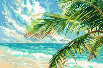 Aufkleber - A serene painting of a palm tree on a beautiful beach. Ideal for travel and nature themed designs