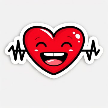 sticker happy Heart Laughing on white background outline, illustration design, simple, red heart line ECG pulse