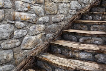 Poster - Stone wall with wooden stairs, ideal for architectural projects