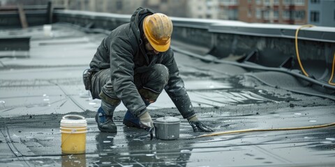 Wall Mural - A man working on a roof on a rainy day. Suitable for construction or weather-related concepts